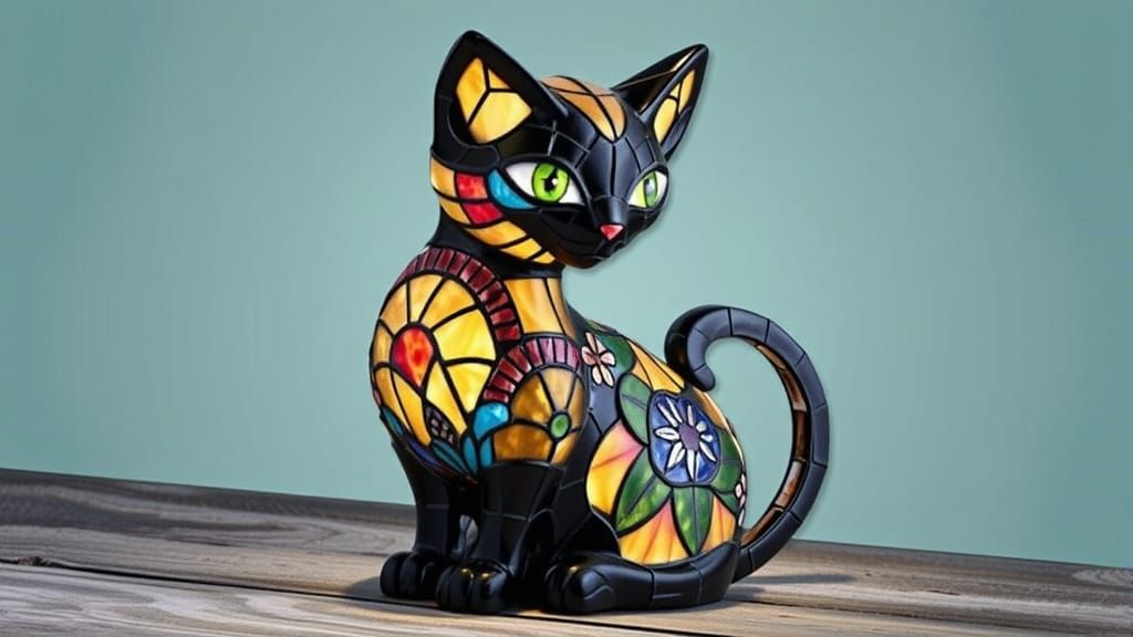 Tiffany Stained Glass Cat Lamp with Green Eyes