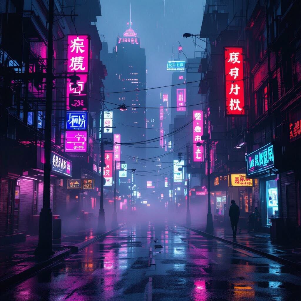 Cyberpunk Cityscape with Neon Signs and Corporate Interiors
