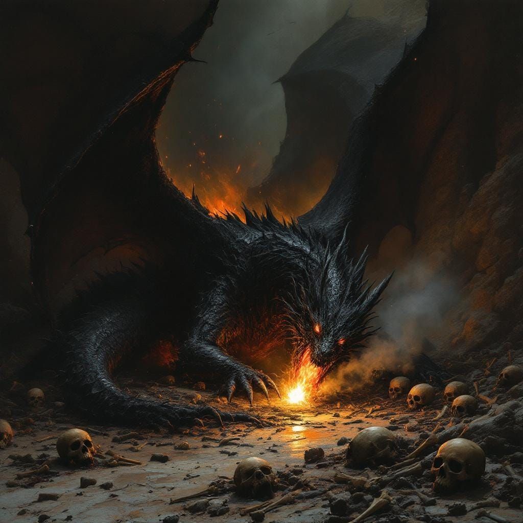 Epic Black Dragon Defeated in Dark Fantasy Scene