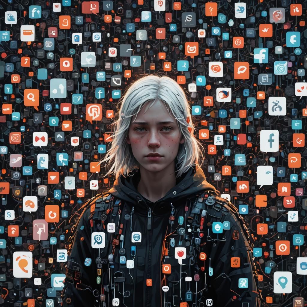 White Figure Amidst Social Media Icons: Dark Fantasy Art