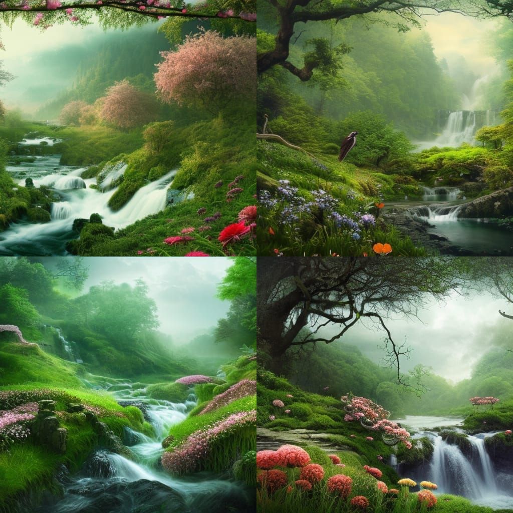 Spring Landscape with Blooming Flowers and Streams