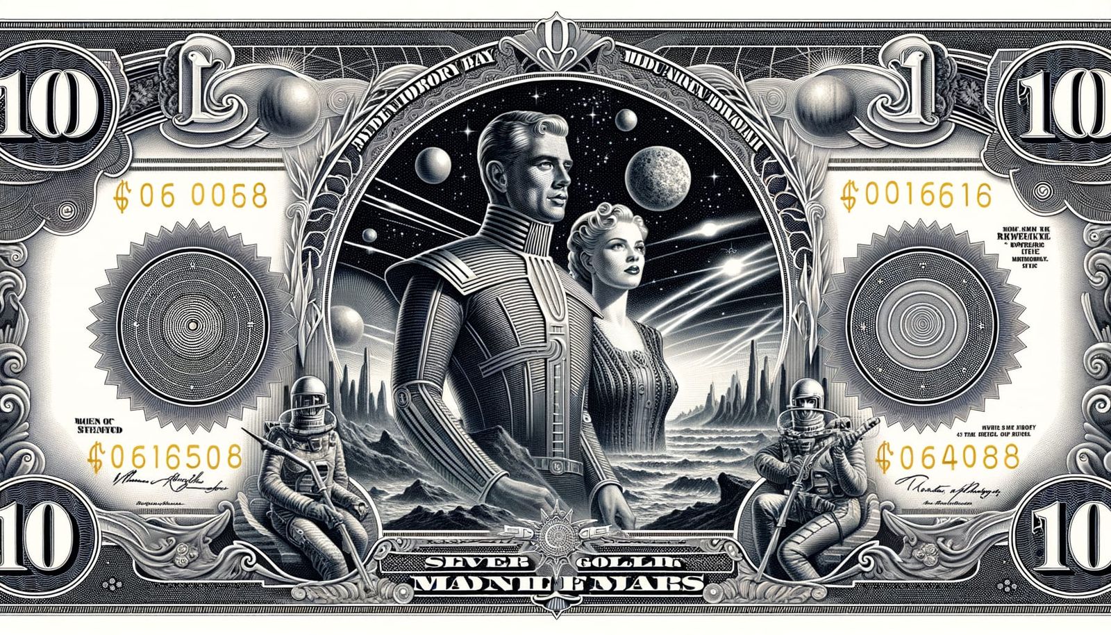 Retrofuturistic Banknote with Space Rulers in Pulp Sci-Fi St...