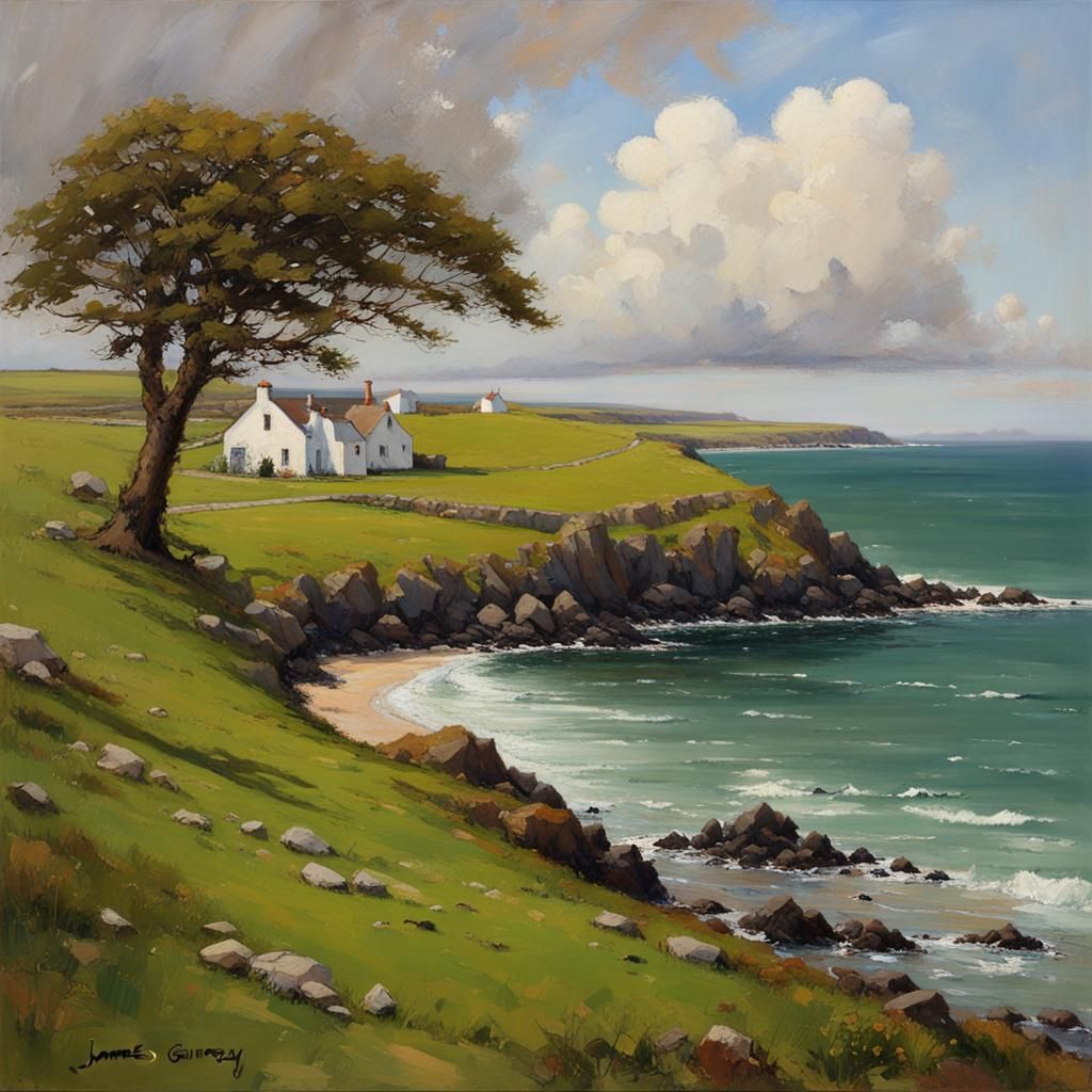 Irish Coastal Landscape with Cottages as Oil Painting