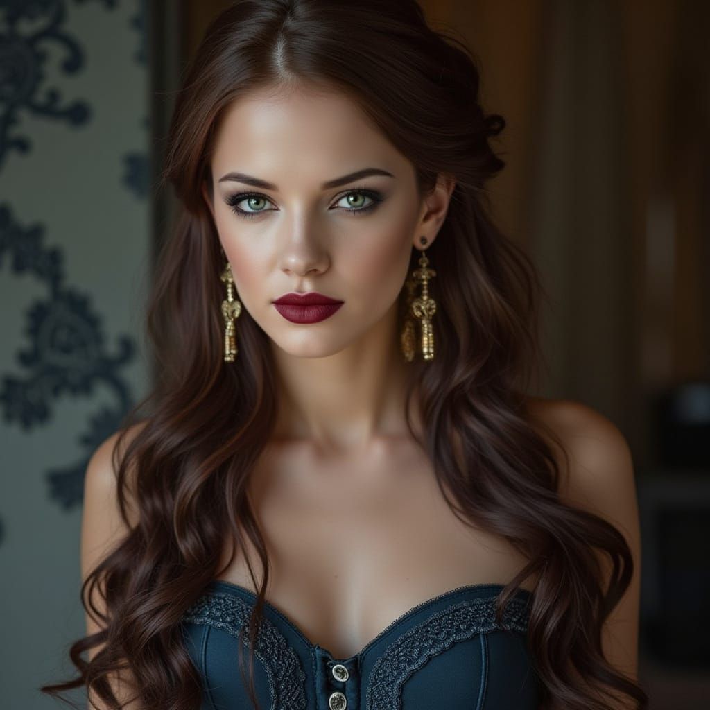 Portrait of a Young Woman in a Deep Blue Corset Top
