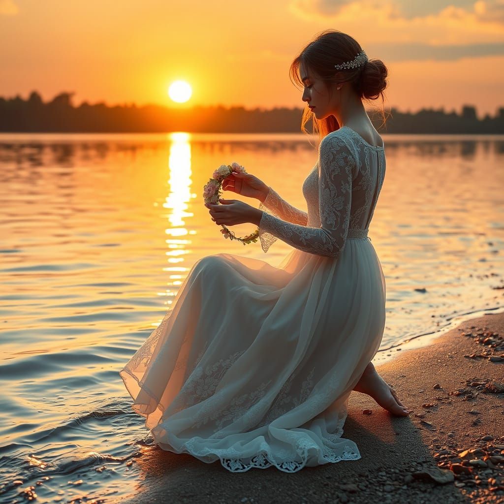 Hyperrealistic Sunset Scene of a Girl Releasing Flowers into...