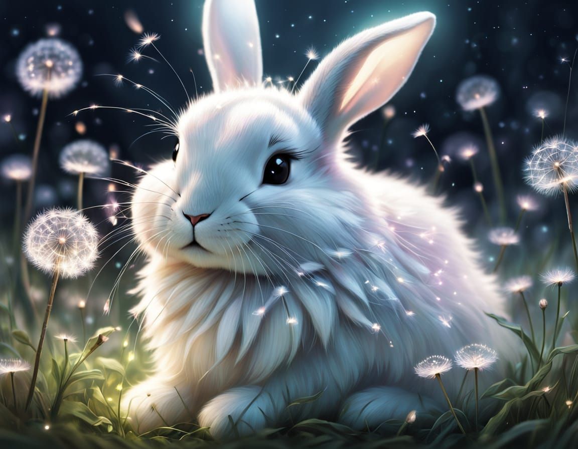Bunny Sleeps in Dandelion Head: Whimsical Illustration
