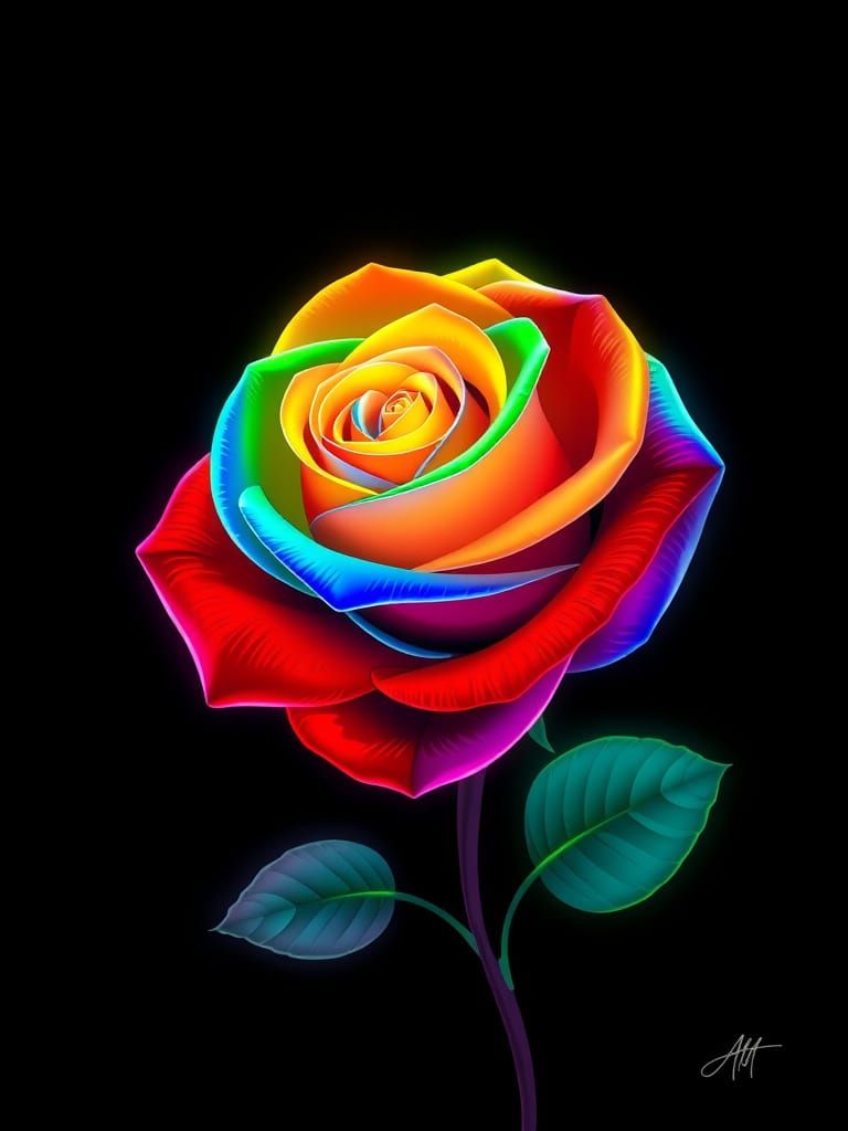 Stylized Rose Blooms in Neon Colors Against Black Background