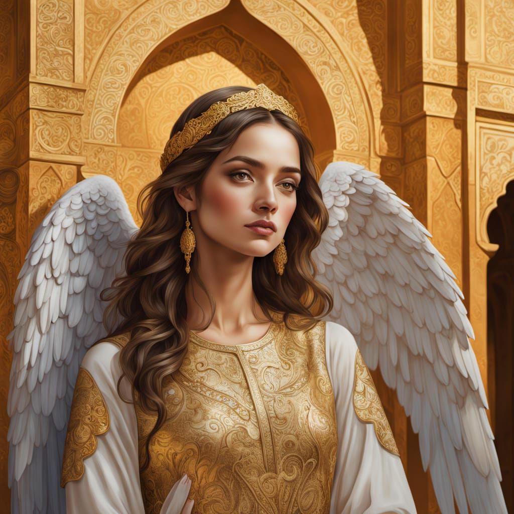 Angel Over Mosque in Klimt-Inspired Golden Light