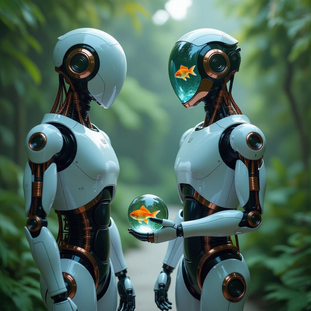 Futuristic Robot with Crystal Head in a Garden