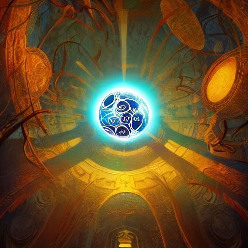 Mystical Being with Glowing Orb in Surreal Library