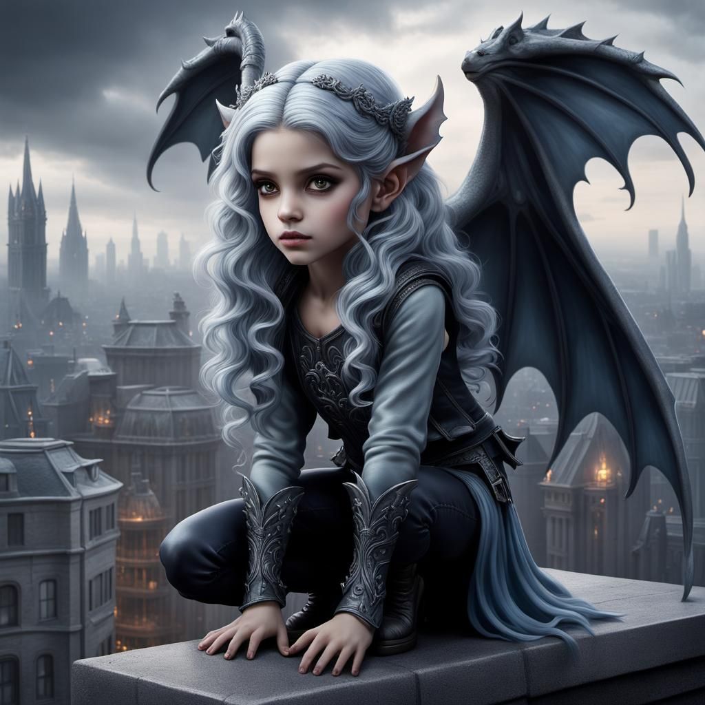 Gothic Gargoyle Girl Overlooking City, Cinematic Art