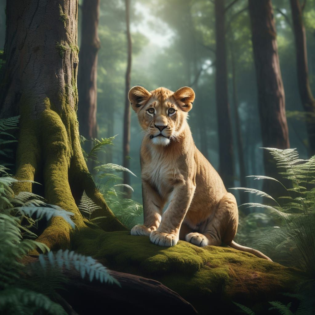 Regal Lion Cub in Vibrant Forest Landscape