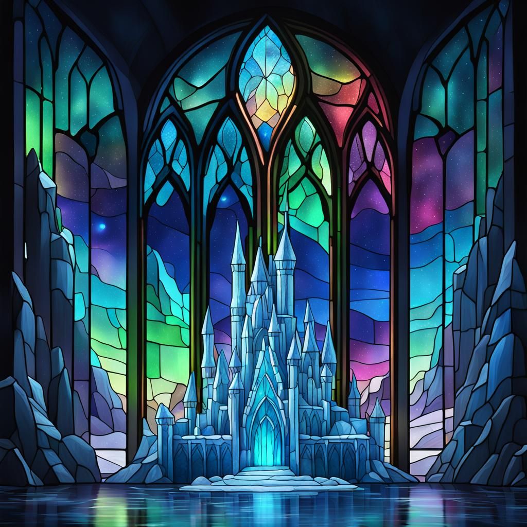 Stained Glass Ice Castle with Northern Lights