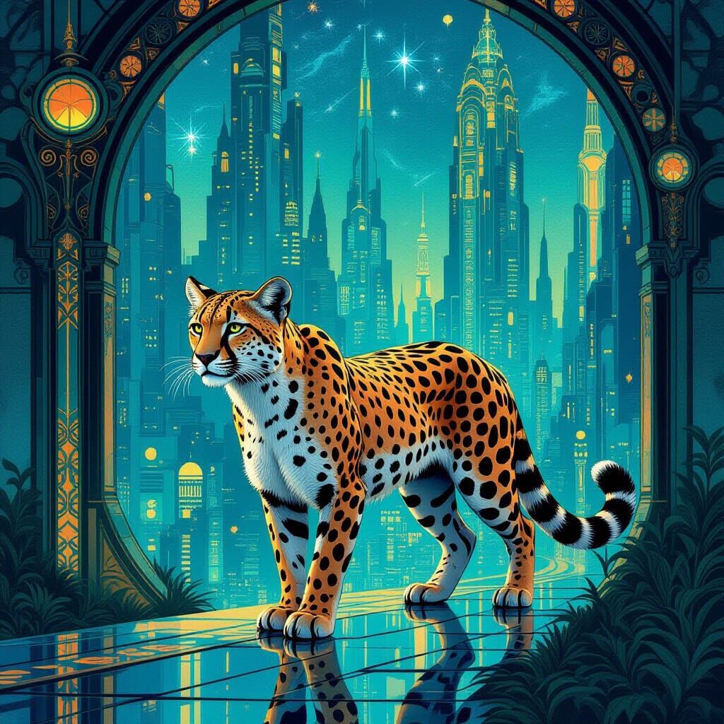 Majestic Art Nouveau Cheetah in Futuristic Neon Cityscape