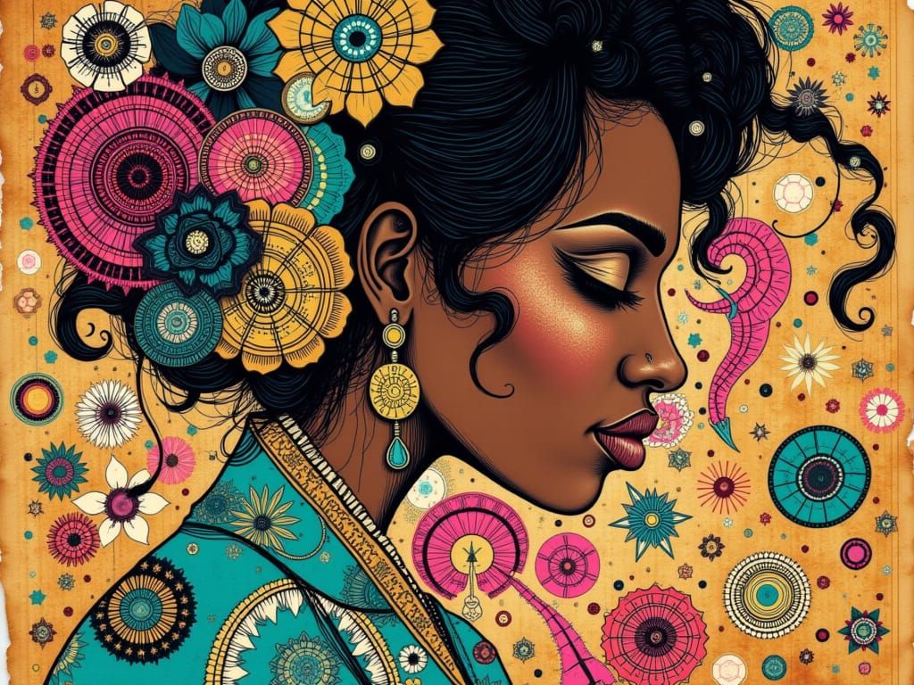 Eclectic Black Woman with Vibrant Zentangle Background