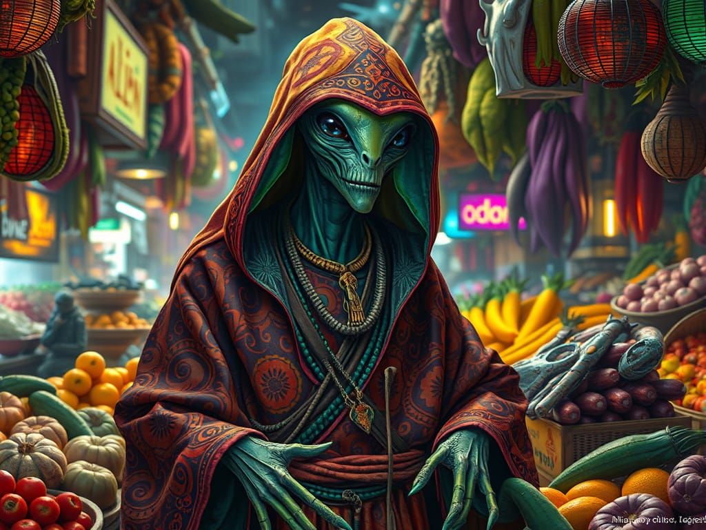 Alien Merchant in a Neon Marketplace