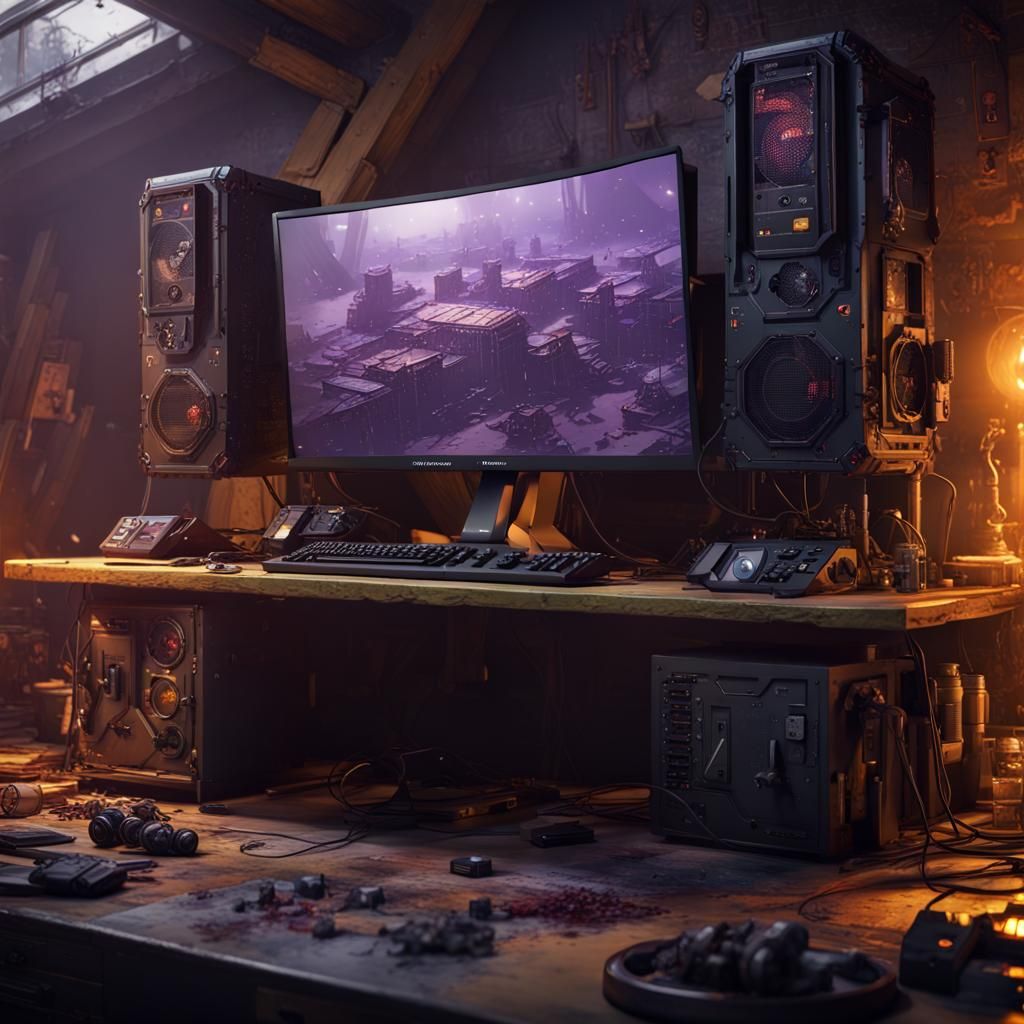 Apocalyptic Gaming PC Setup in Dark Fantasy Style