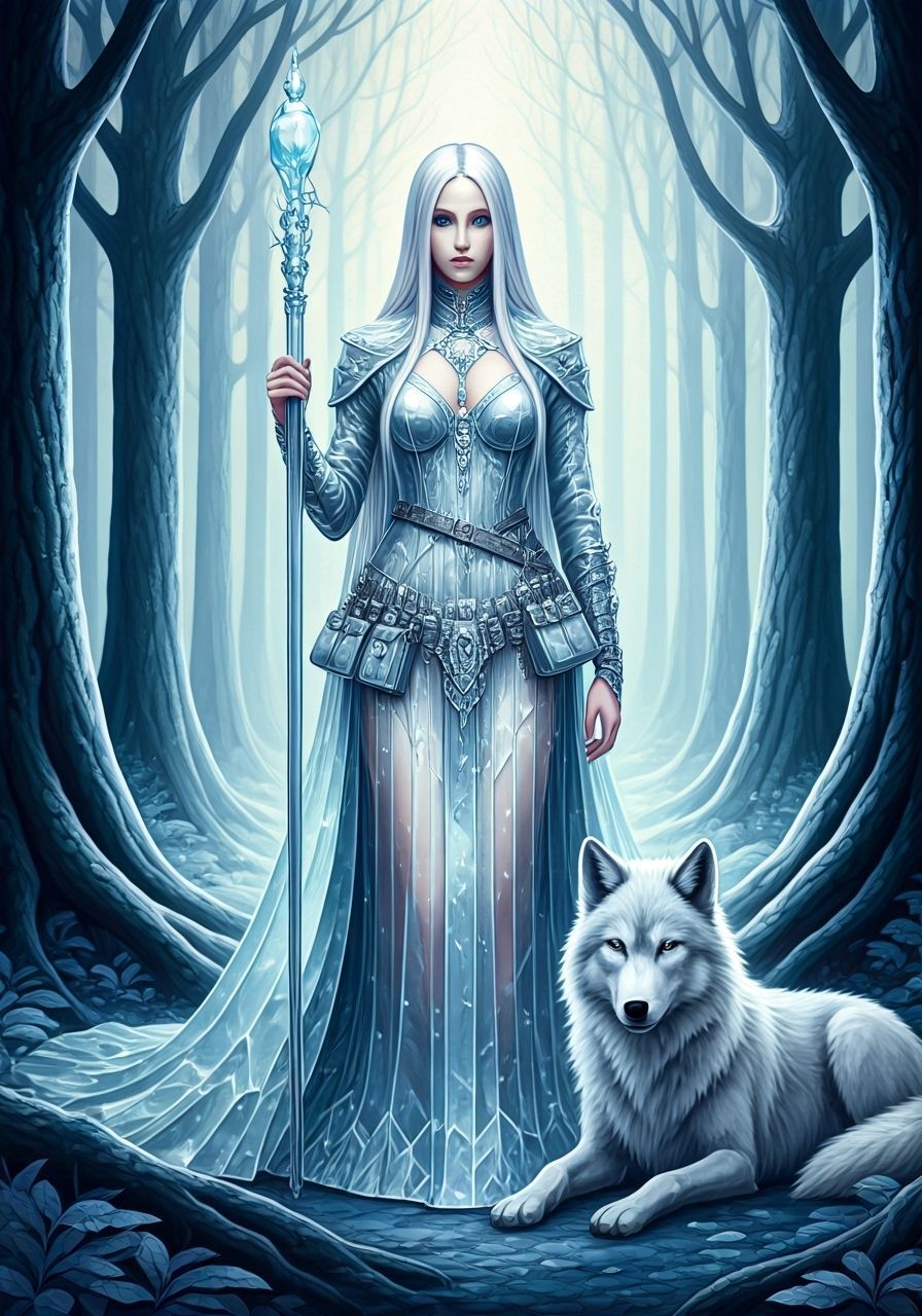 Glass Robe Sorceress with Silver Wolf in Mystical Forest