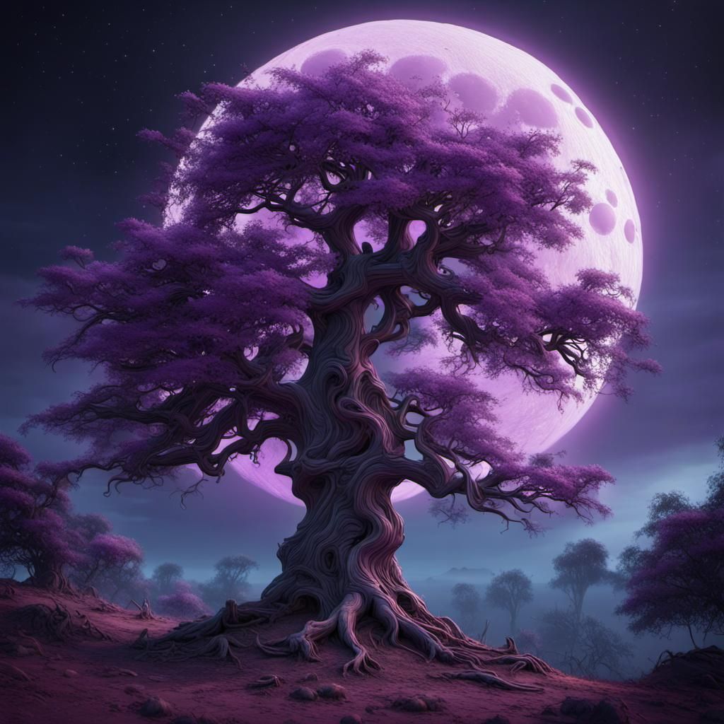 a tree in the purple light of the moon