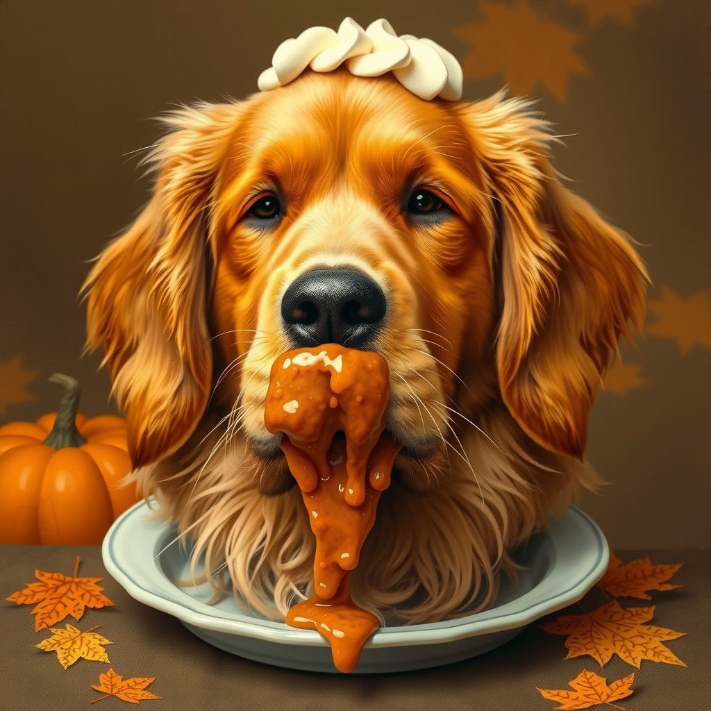 Golden Retriever Smothered in Pumpkin Pie in Autumnal Settin...