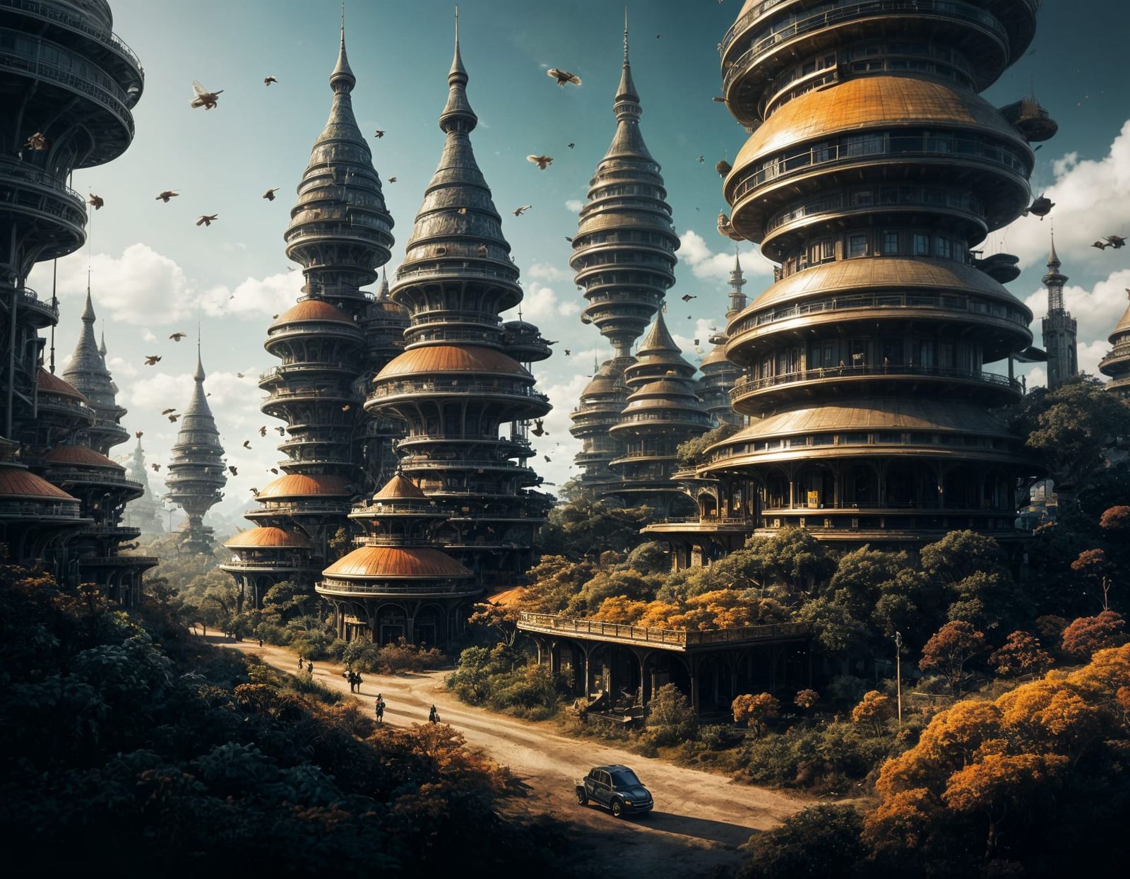Whimsical Futuristic Beehive City in Vibrant, Hyperrealistic...