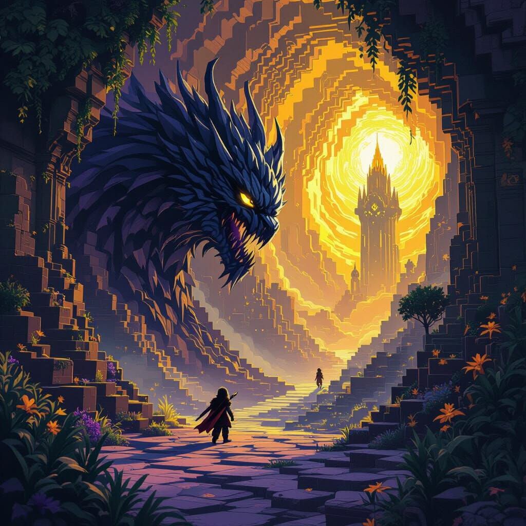 Epic Minecraft Battle in Dark Fantasy Style