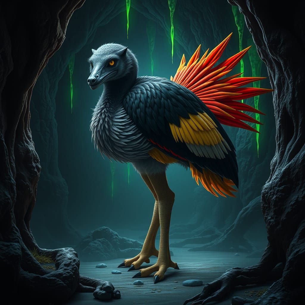 Wolf-Headed Human-Ostrich Hybrid in Eerie Cavern