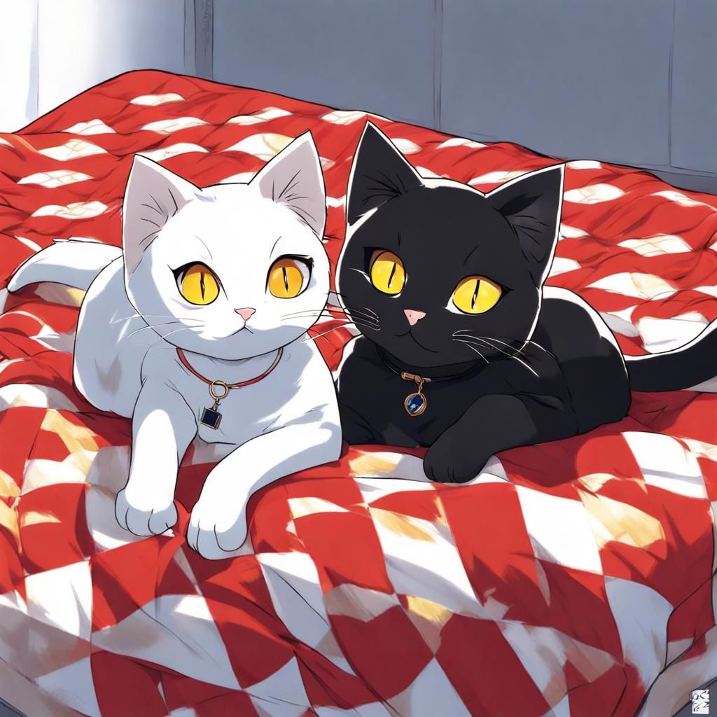 Four Cats on Quilt in Anime Art Style