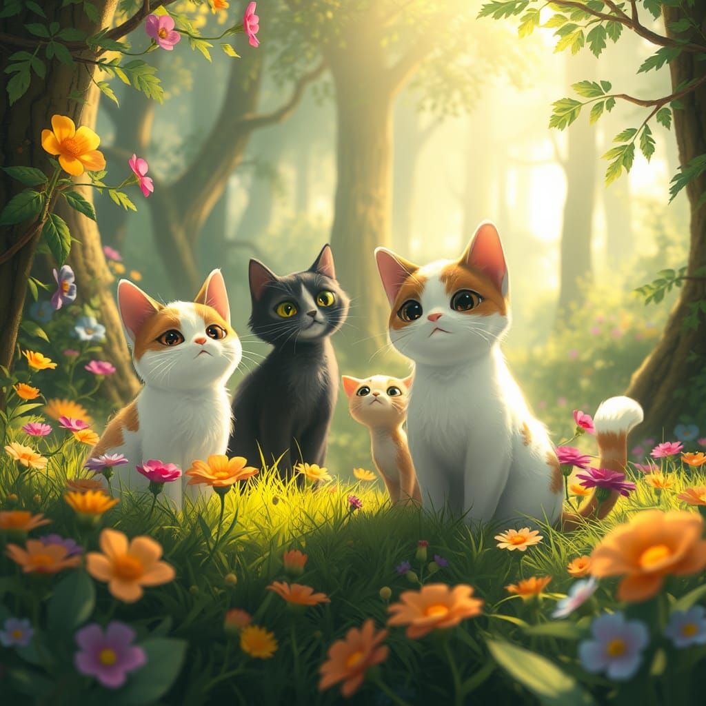 Whimsical Cats and Friends in a Magical Forest