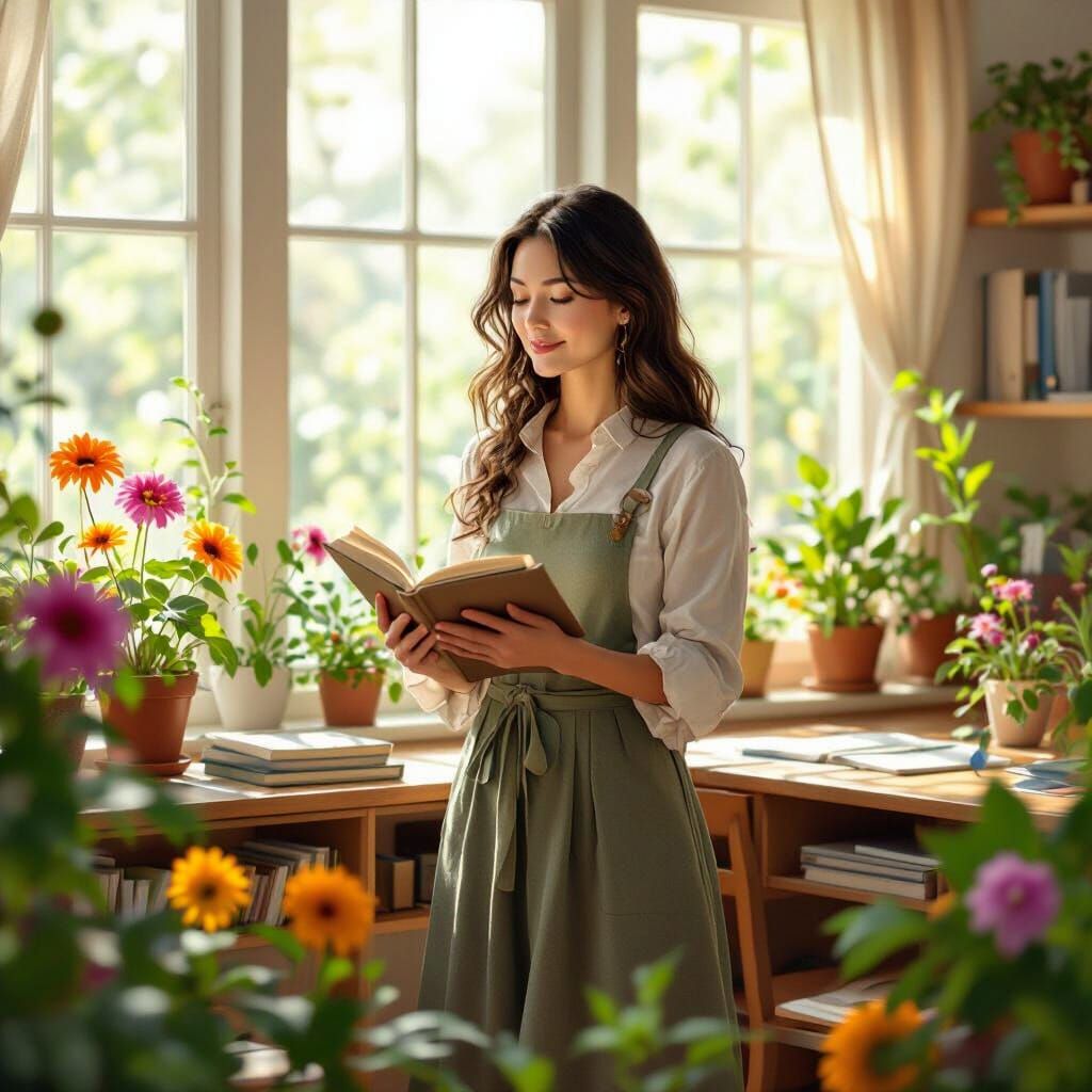 Serene Educator in Lush Classroom, Earthy Realism