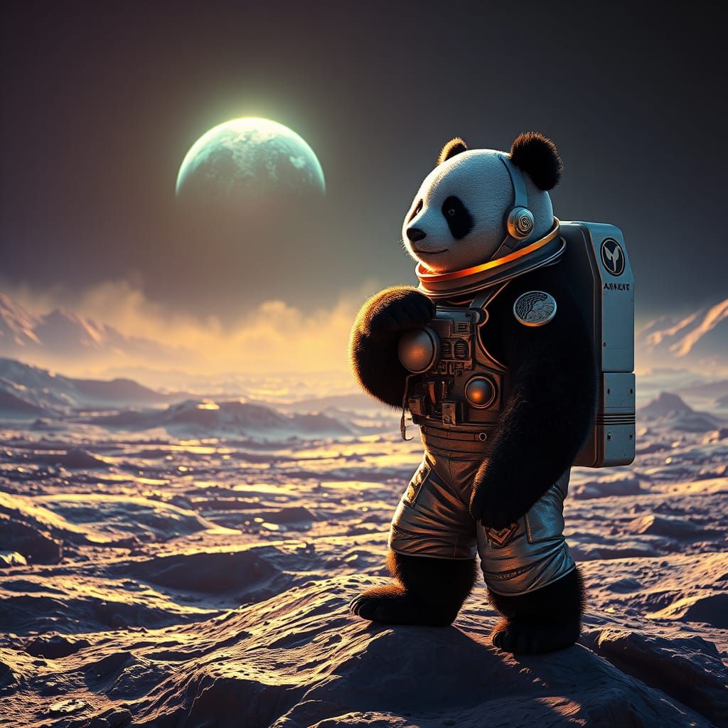 Majestic Panda Stands Heroically on Lunar Surface in Vibrant...