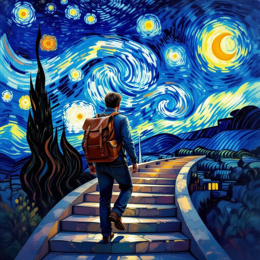 Man Climbs Ethereal Stairway to Stars in Van Gogh Style