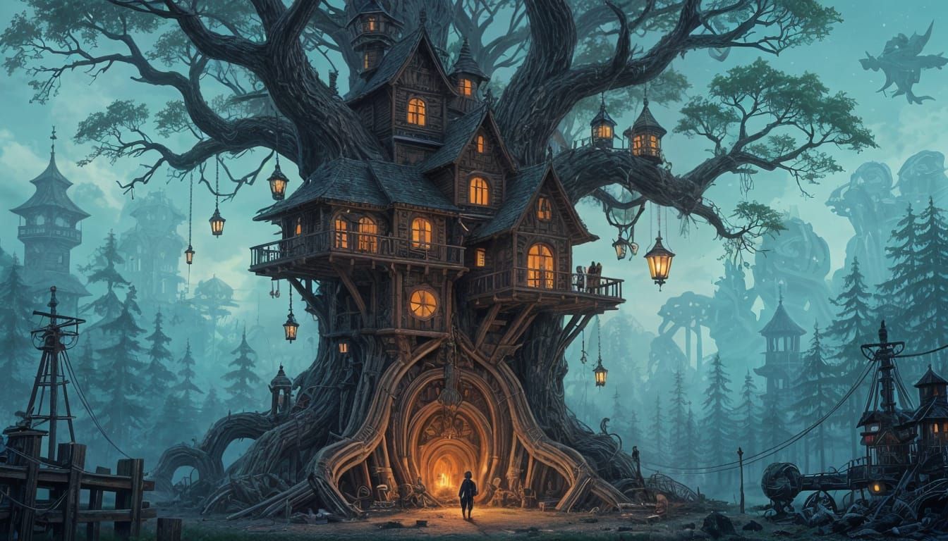 Steampunk Treehouse City in Giant Tree Remains