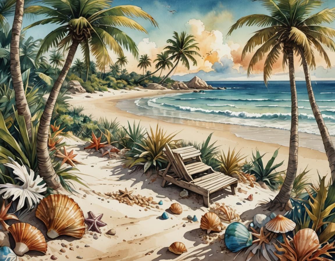 Paradise Beach Piano: Watercolor Fantasy Illustration