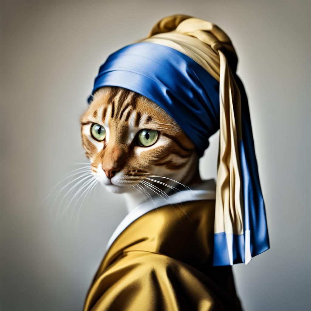 Cat with Pearl Earring in Vermeer Style