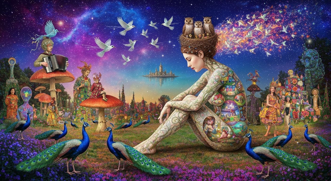 Ethereal Woman's Mindscape: Birds, Cosmic Energy, and Nature