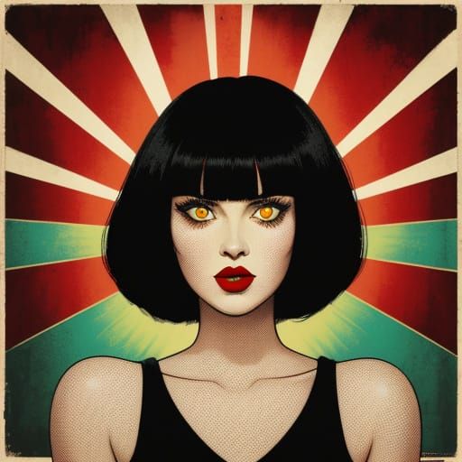 Vintage Horror Goddess with Retro Makeup and Glowing Rays