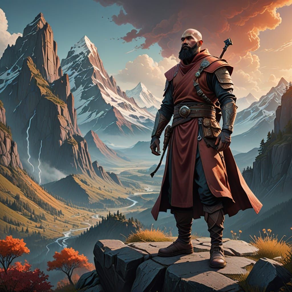 Heroic Monk Fighter in Majestic Mountain Landscape, Digital ...
