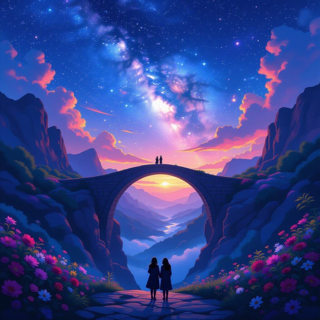Cosmic Flower Valley with Stone Bridge, Anime Style