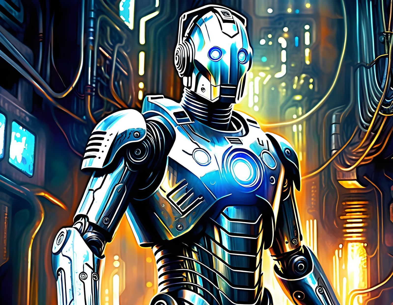 Cyberman in 90s Anime-Inspired Cyberpunk Landscape