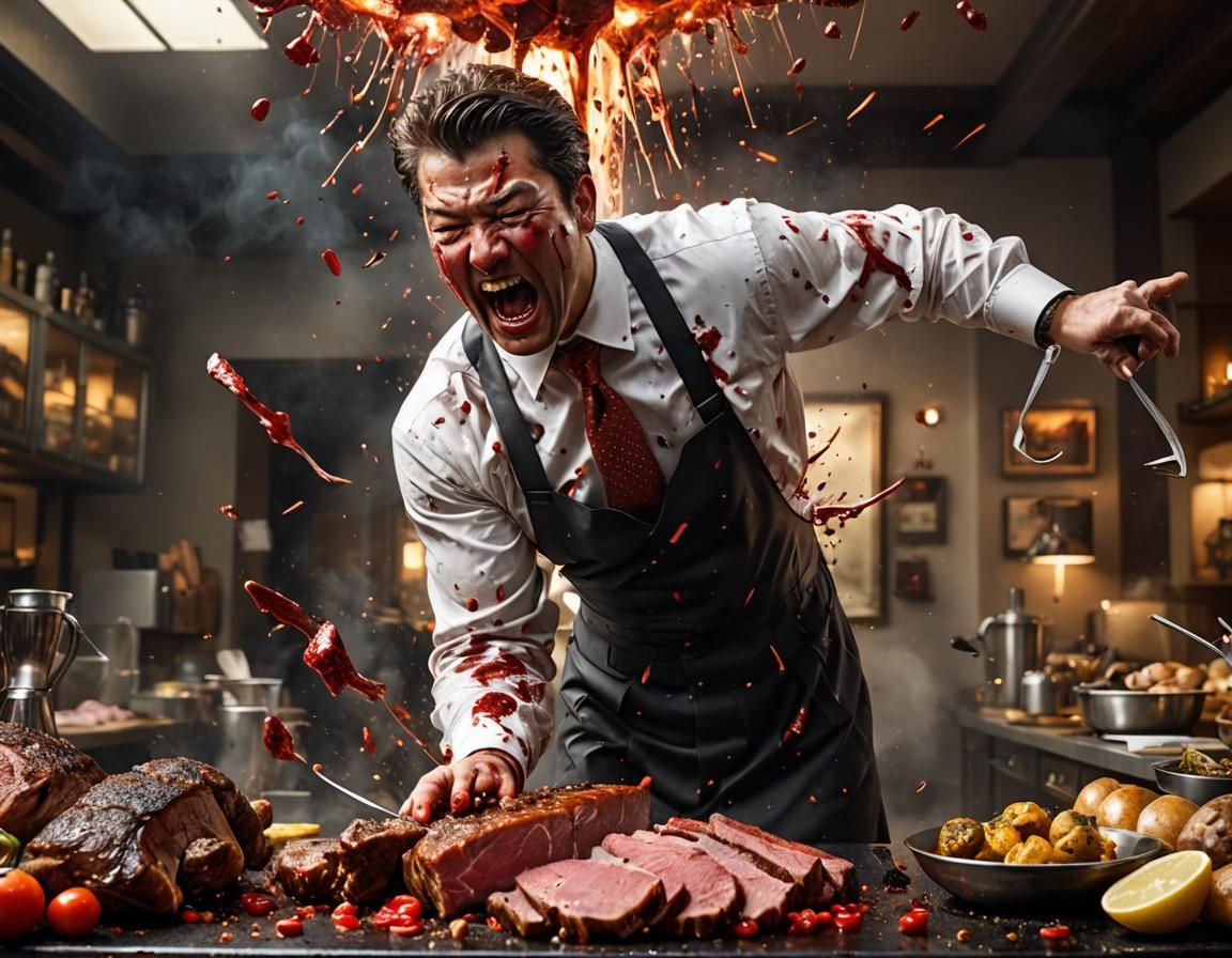 Macabre Businessman Chopping Meat in Candycore Style