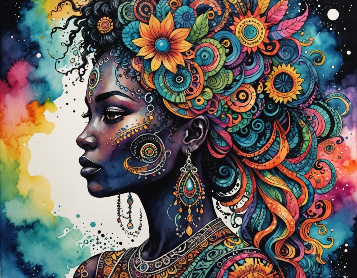 Psychedelic Celestial Goddess in Punk Zentangle Style