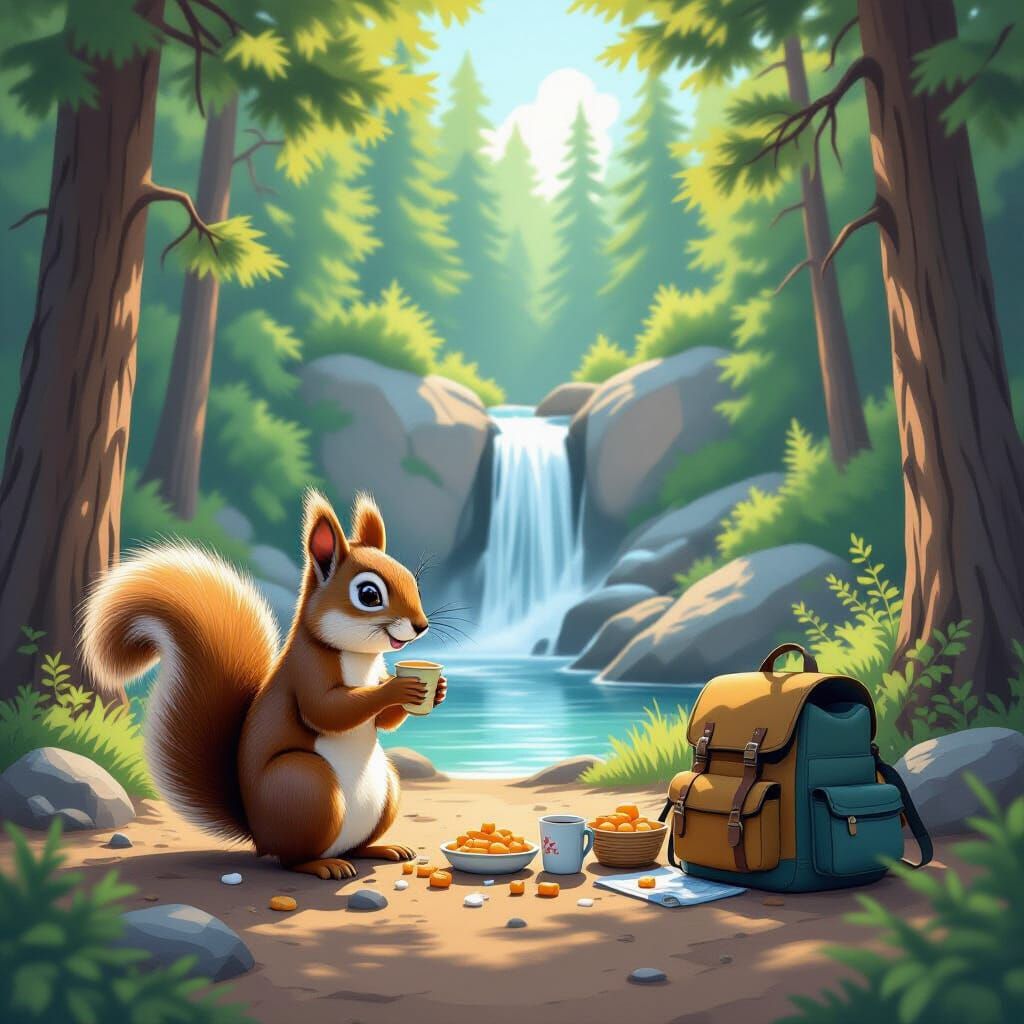 Squirrel's Campground Chaos: Whimsical Forest Scene