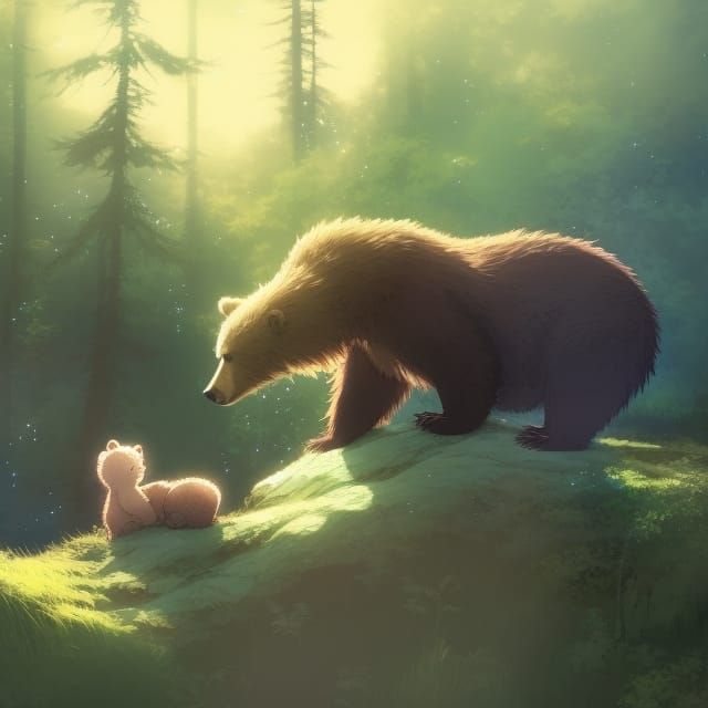 Cute Bear Cub Resting in Anime Forest