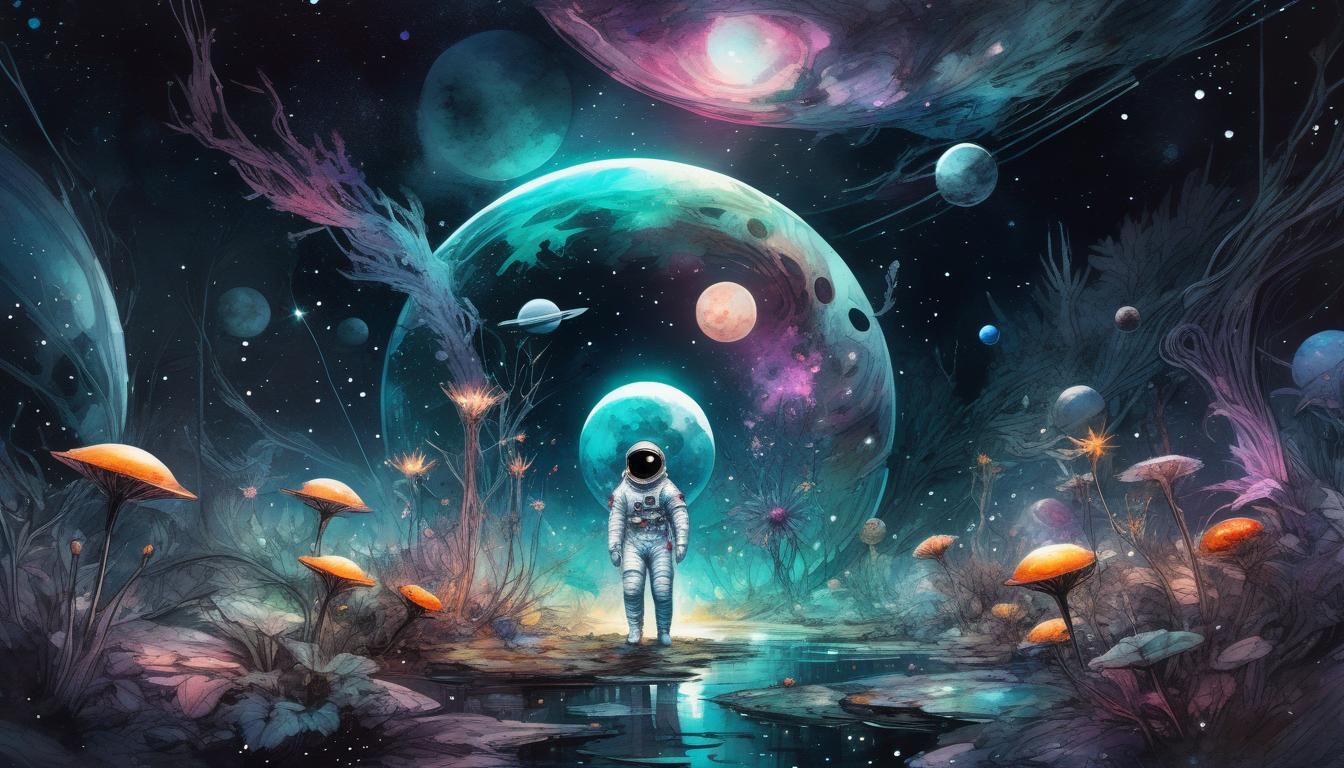 Astronaut in an Alien Garden: Watercolor Fantasy