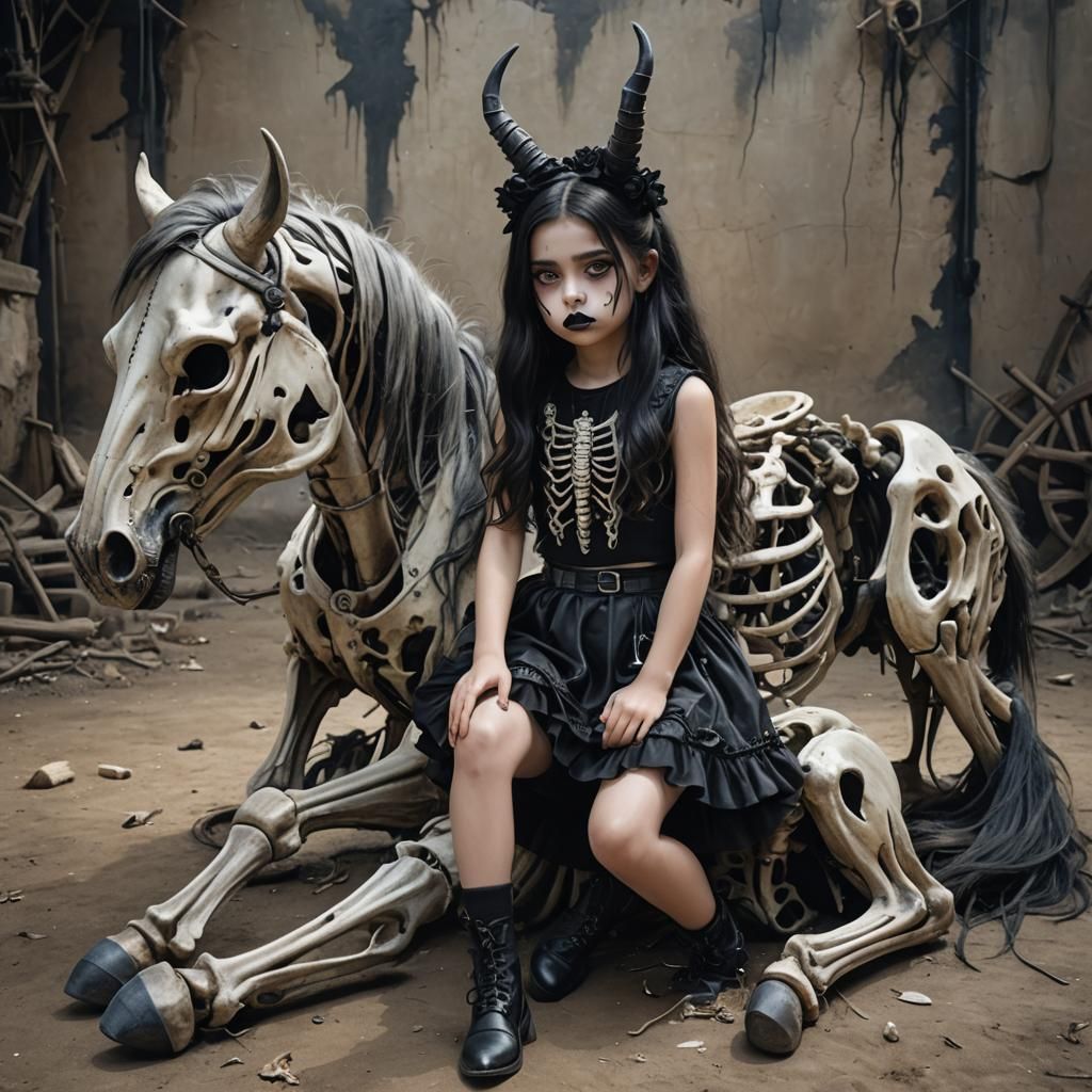 Girl with Skeleton Horse: Hyperrealistic Concept Art