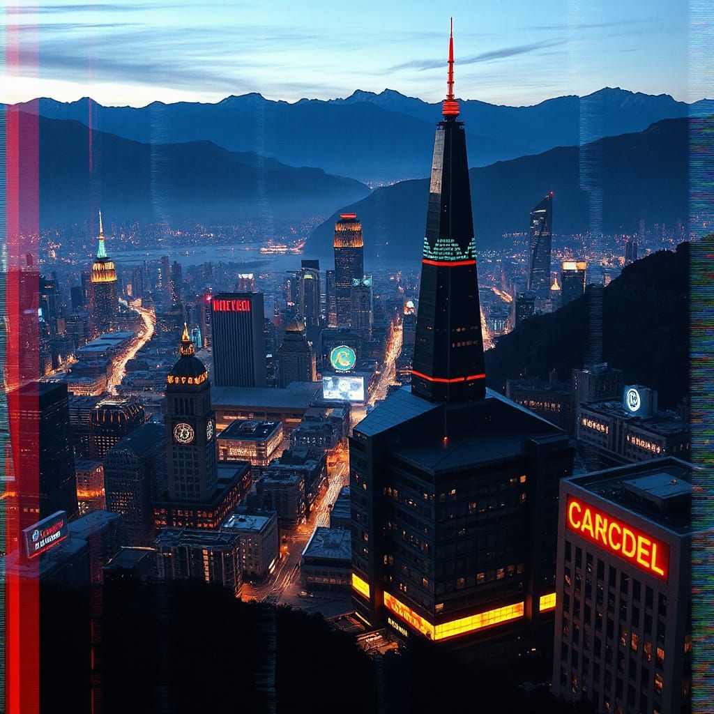 Futuristic Cityscape with Glitch Art and Digital Distortion