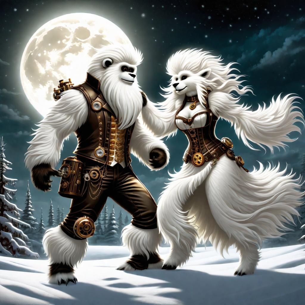 Steampunk Yeti Couple Dancing in Moonlight