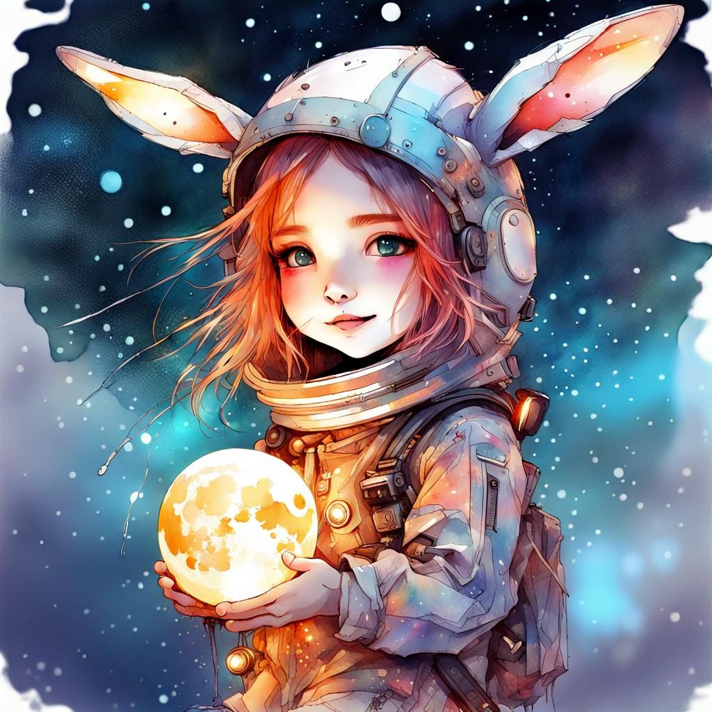 Chibi Rabbit Rocketman in Space Watercolor