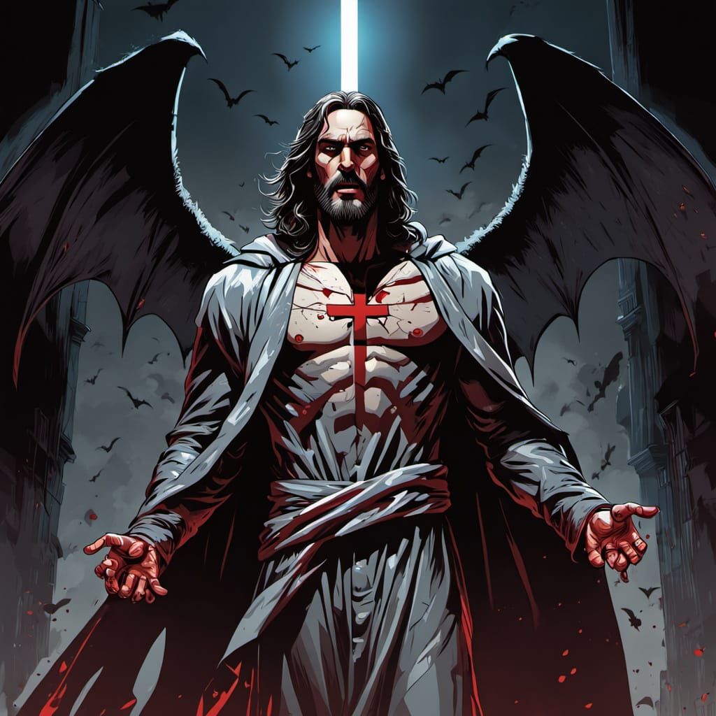 Buffed Jesus Confronts Vampire in Comic Art Style